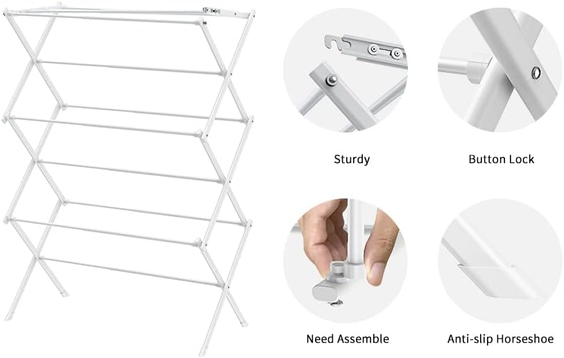 3 Tier Clothes Drying Rack, Foldable Drying Rack Clothing,Indoor & Outdoor Laundry Rack for Drying Clothes,Space-Saving Design, Metal Dry Rack,Pure White