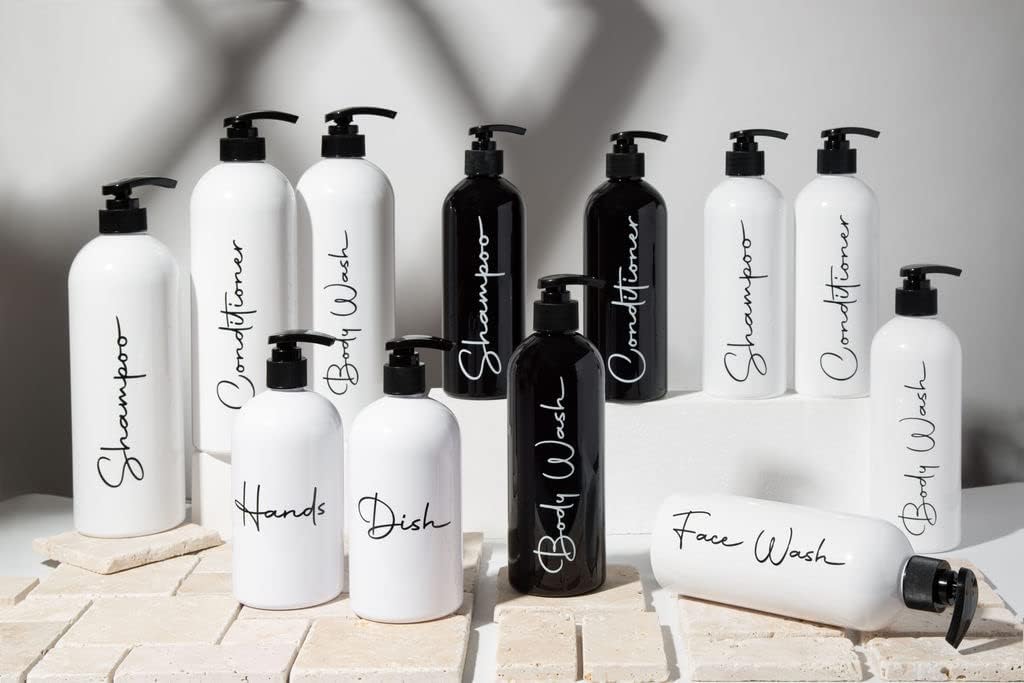 Alora 32oz Reusable Shampoo and Conditioner Bottles - Set of 3 - Easy to Read Labels - Pump Bottle Dispenser for Shampoo, Conditioner, Body Wash - Empty Plastic Refillable Containers for Shower