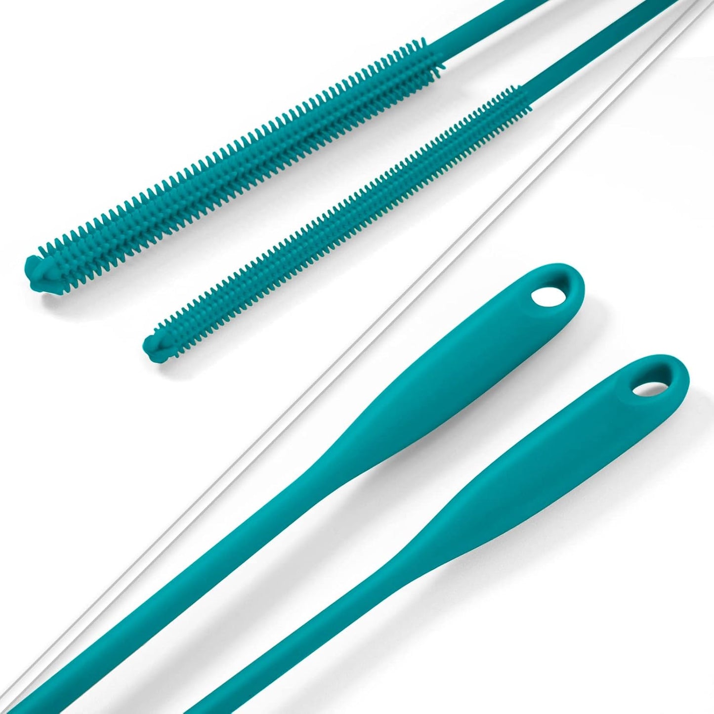 Silicone Straw Brush 4 Pack - (2 Small, 2 Wide) - 10 Inch Reusable Straw Cleaner, Pipe Cleaner, Glass and Detailing Tool (Turquoise)
