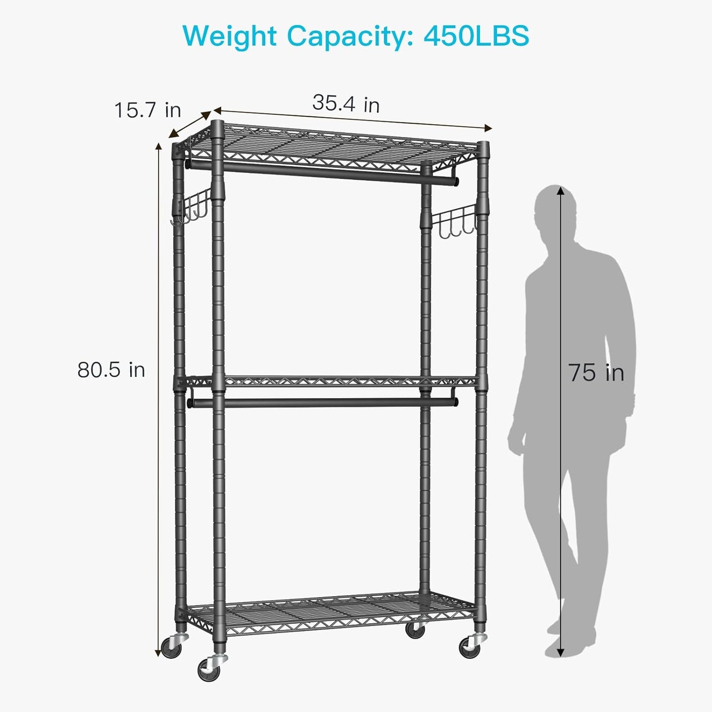 FUTASSI P1 Heavy Duty Garment Rack, 3 Tiers Adjustable Rolling Metal Closet Organizer with Lockable Wheels, FreeStanding Wardrobe with Double Hanger Rods & 1 Pair Hooks, Max Load 450 LBS, Gray
