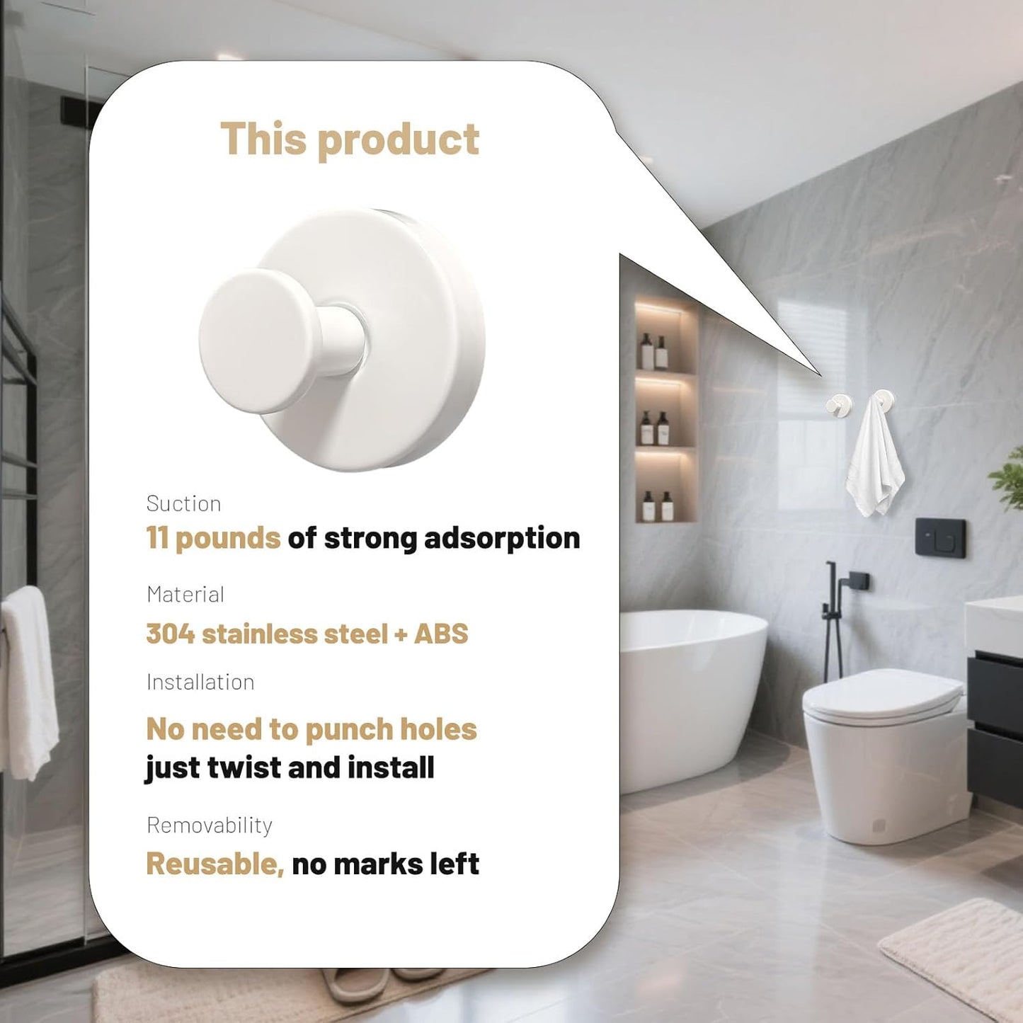 4pcs Suction Cup Hooks for Shower,Shower Towel Suction Hooks,No Drill Towel Hooks for Bathroom Wall,Kitchen,Glass,Mirror,Tile to Hang Towels,Robes,Loofah (White)