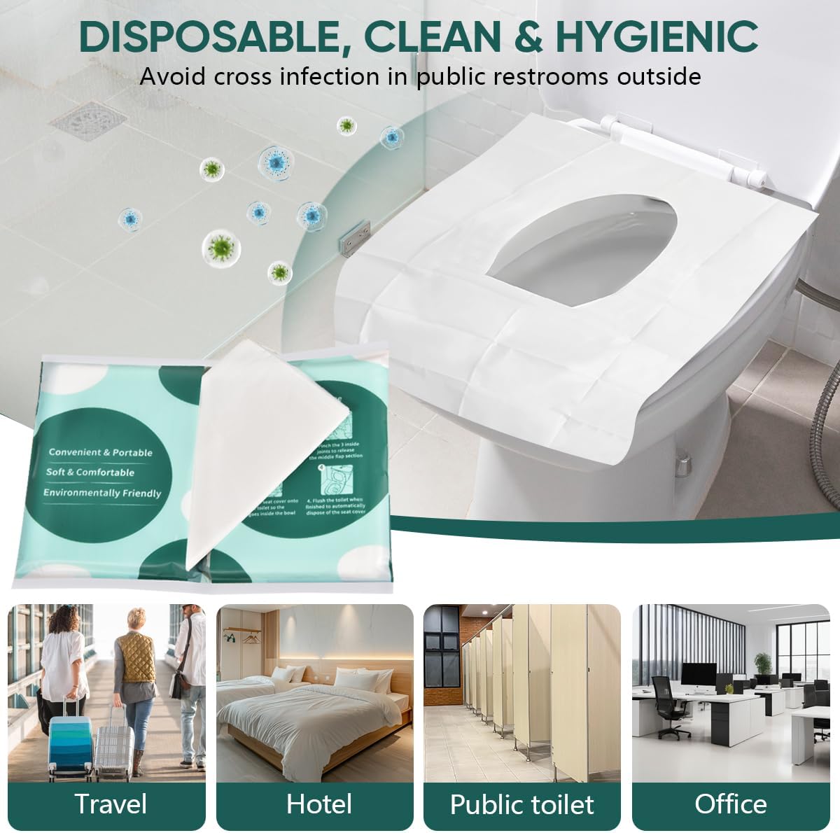 60 Pcs Disposable Flushable Paper Toilet Seat Covers Travel Supplies Essentials for Airplane, Public Restrooms, Bathroom, Hotels, Camping, Kids or Adults