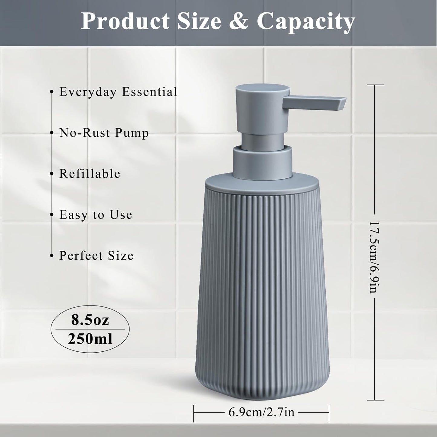 Gray 2 Pack Hand Soap Dispensers with No Rust Pump for Bathroom and Kitchen Countertops Refillable Striped Matte Plastic 8.5 oz
