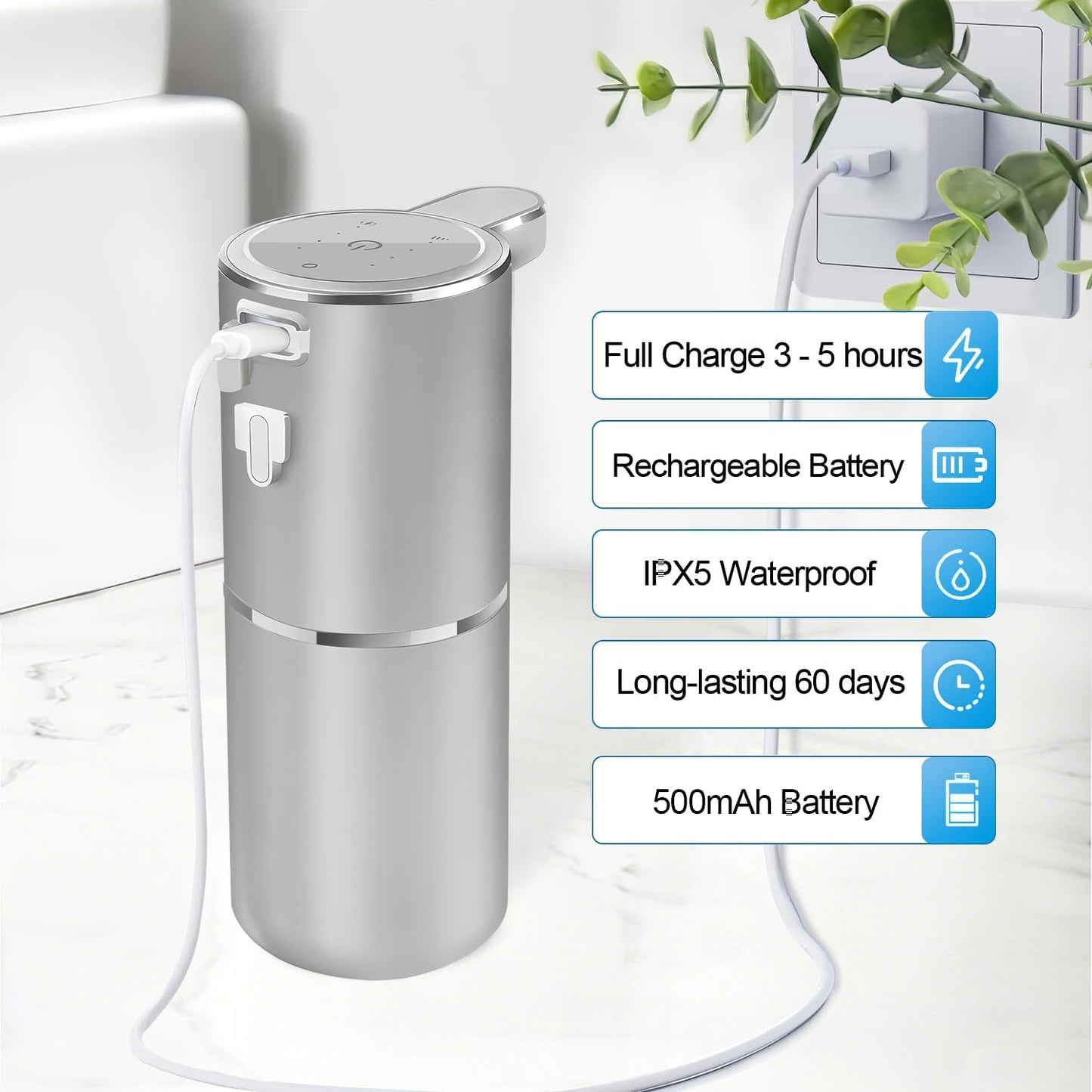 Automatic Foaming Soap Dispenser - Hand Free Pump Touchless Soap Dispenser USB Rechargeable Dispenser with 380ml, 4levels Adjustable Dispenser for Bathroom Kitchen