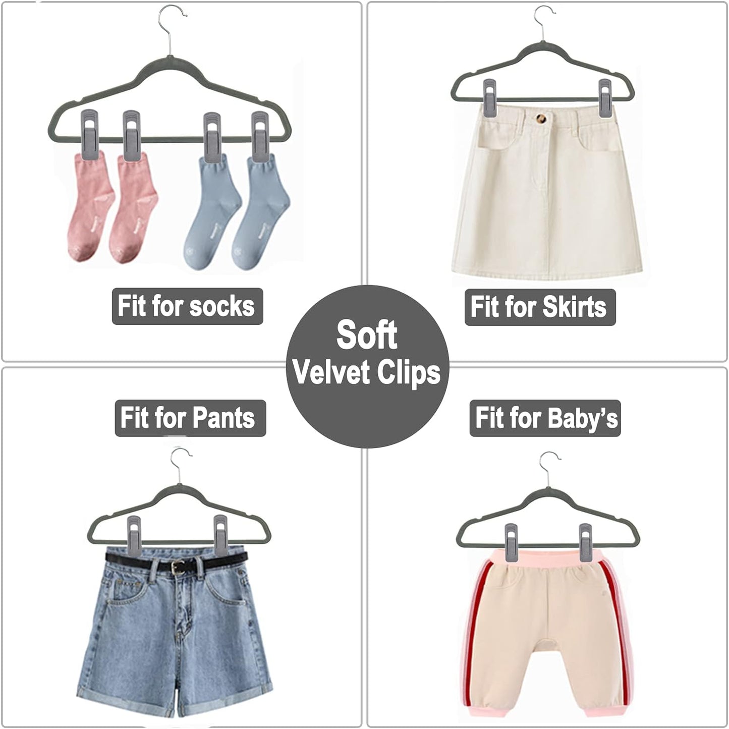 Grey Velvet Hangers Clips (80-Pack), Non-Slip Strong Velvet Hangers Clips for Velvet Skirt Hangers, Velvet Pants Hanger Velvet Clips Fit for Thin Velvet Clothes Suit Hangers