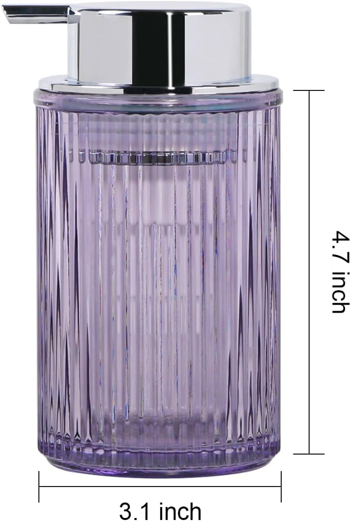 Foaming Soap Dispenser, 11 Oz Thick Glass Foam Hand Soap Dispenser, Refillable Glass Foam Pump Bottle Container Decorative Slim Ribbed Bottle for Bathroom and Kitchen (1, Purple Silver)