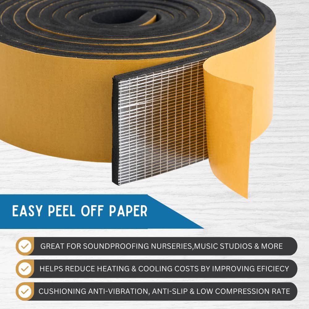 High Density Foam Weather Stripping Door Seal Strip Insulation Tape Roll for Insulating Door Frame, Window, Air Conditioner | Self Adhesive Sealing Weatherstrip (2 in x 1/8 in x 10 Ft, Black)