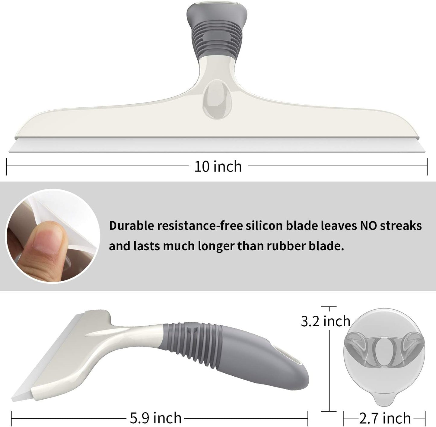 MR.SIGA Multi-Purpose Silicon Squeegee for Window, Glass, Shower Door, Car Windshield, Heavy Duty Window Scrubber, Includes Suction Hook, 10 inch, White & Gray, 1 Pack