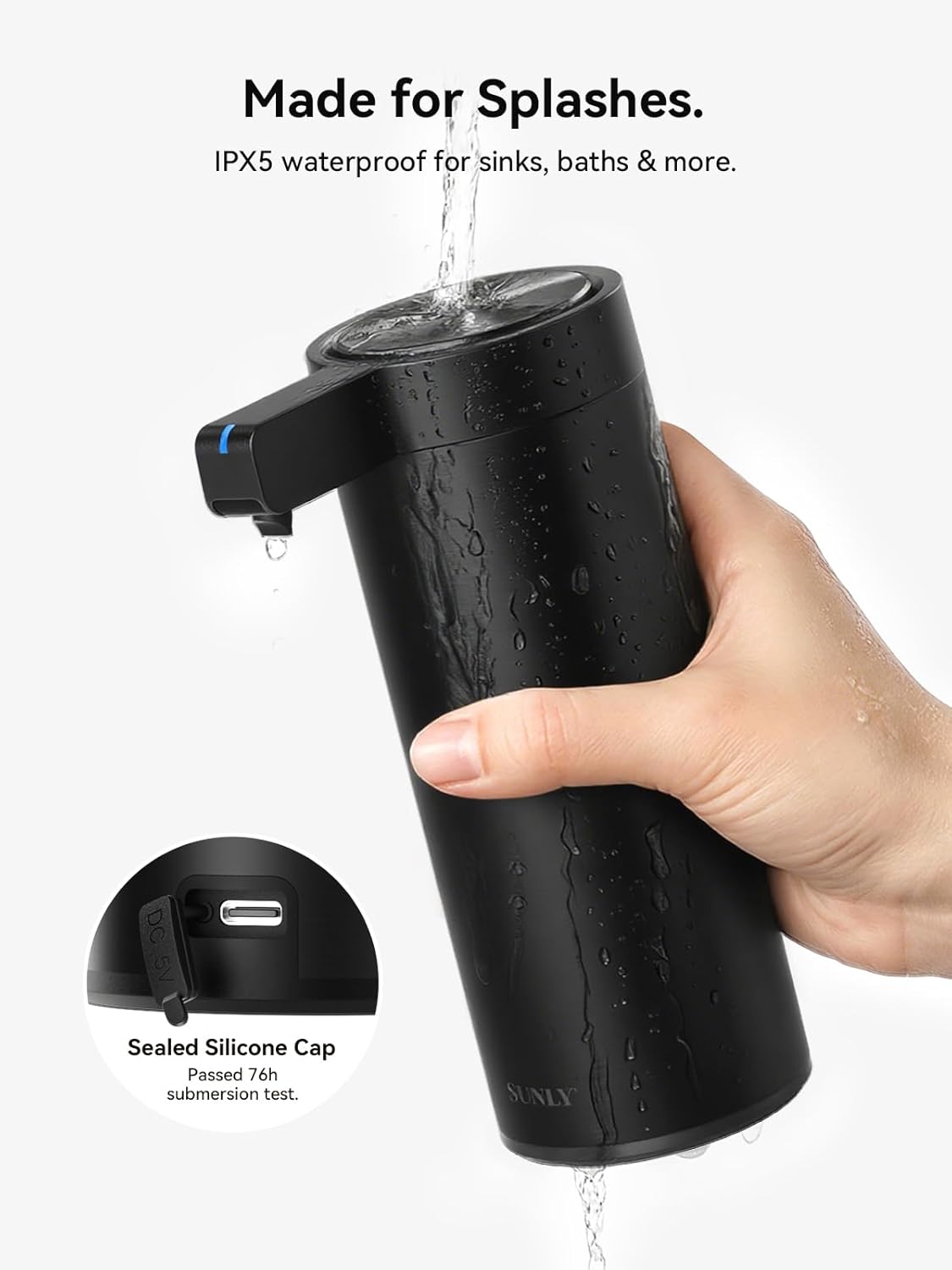 SUNLY Touchless Automatic Soap Dispenser – Clog-Free Pump, 0.2s Fast Sensor, USB-C Rechargeable, Smudge-Resistant Stainless Steel, for Kitchen & Bathroom Soap Dispenser, Black