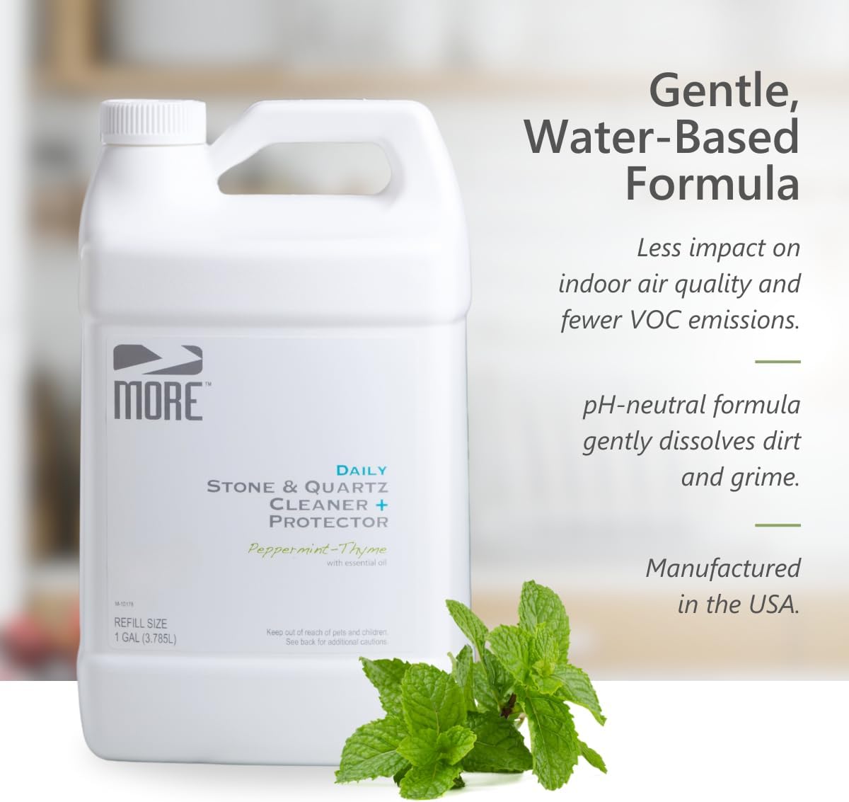 MORE Stone & Quartz Cleaner + Protector - Water-Based Surface Care Spray Refill - For Kitchen & Bathroom Countertops - Daily Cleaner/Protector - Peppermint-Thyme Essential Oil - 128oz