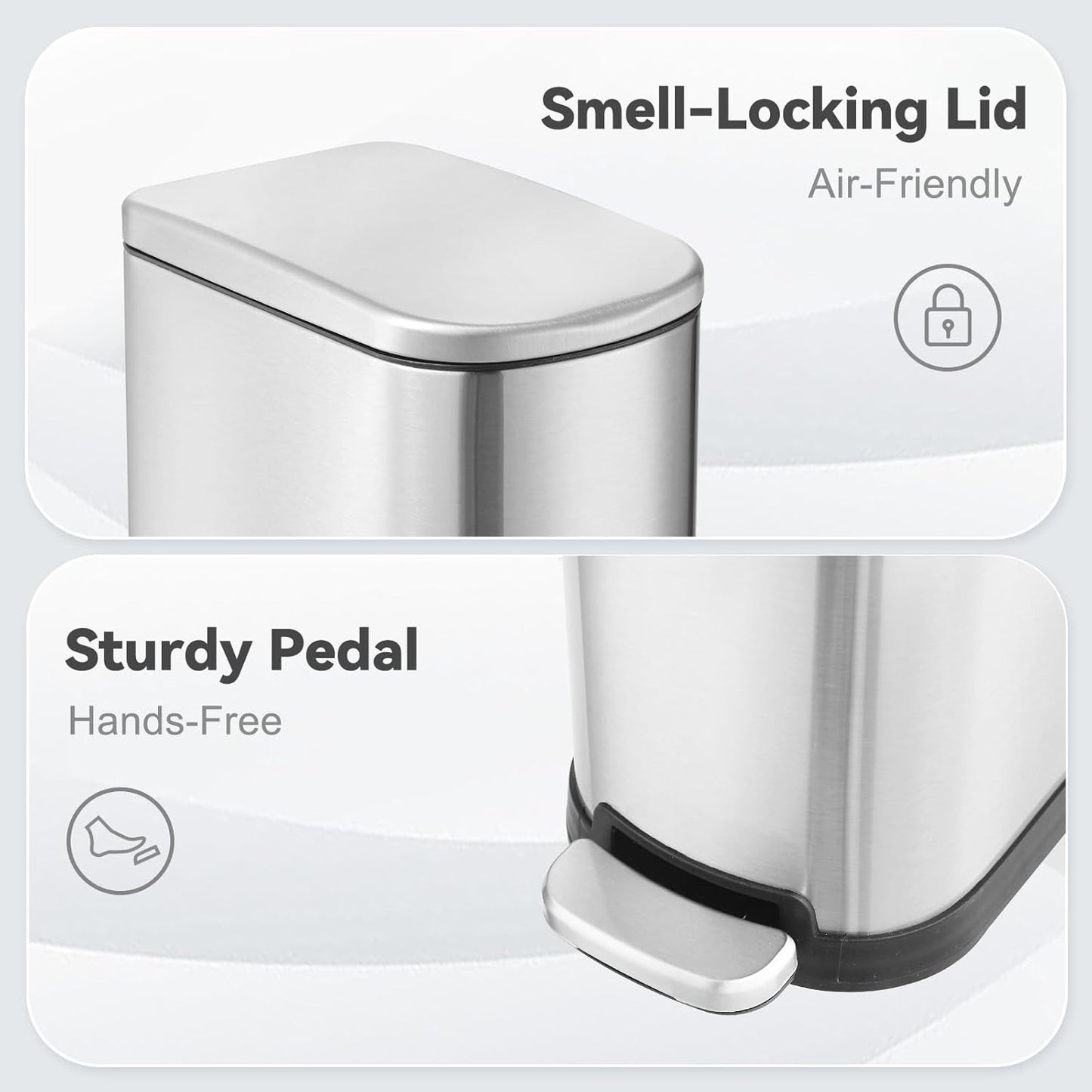 Bathroom Trash Can with Soft-Close Lid 3.5 Gallon Stainless Steel Garbage Can with Removable Inner Bucket Slim Trash Bins for Bedroom, Office (Silver)