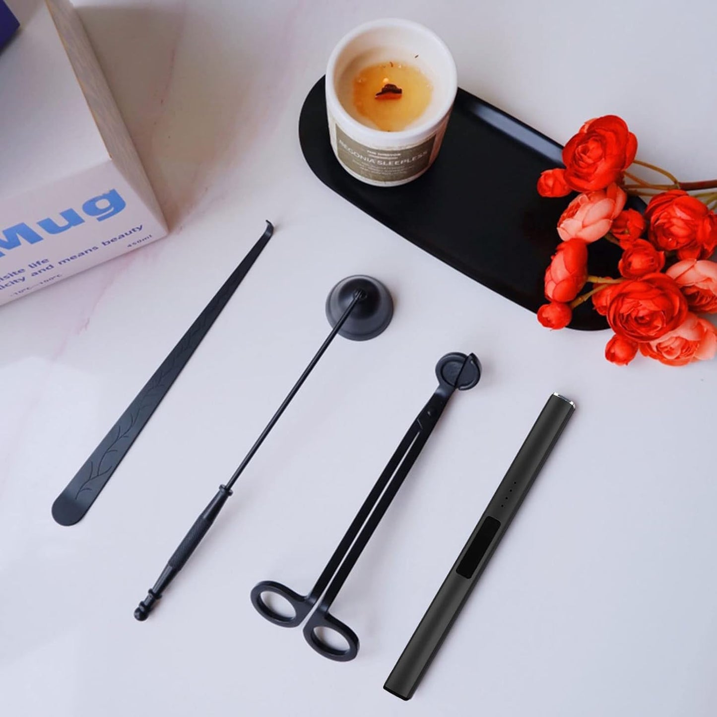 5Pcs Stainless Steel Candle Wick Trimmer Set, Black Candle Wick Trimmer, Candle Wick Dipper, Candle Wick Snuffer and USB Rechargeable Candle Lighter for Candle Lovers(Black)