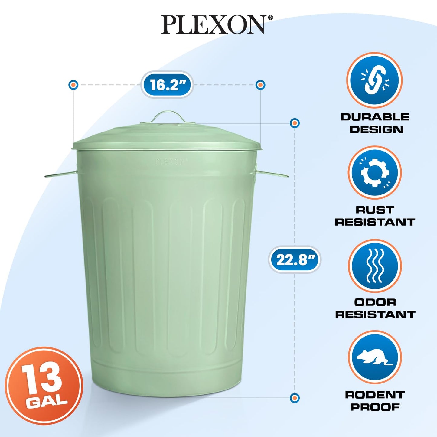 Plexon Round Trash Can 13 Gallon, Vintage Metal Outdoor Trash Can with Lid, Retro Farmhouse Garbage Container, Old School Modern Ash Bucket, Green 2 Pack