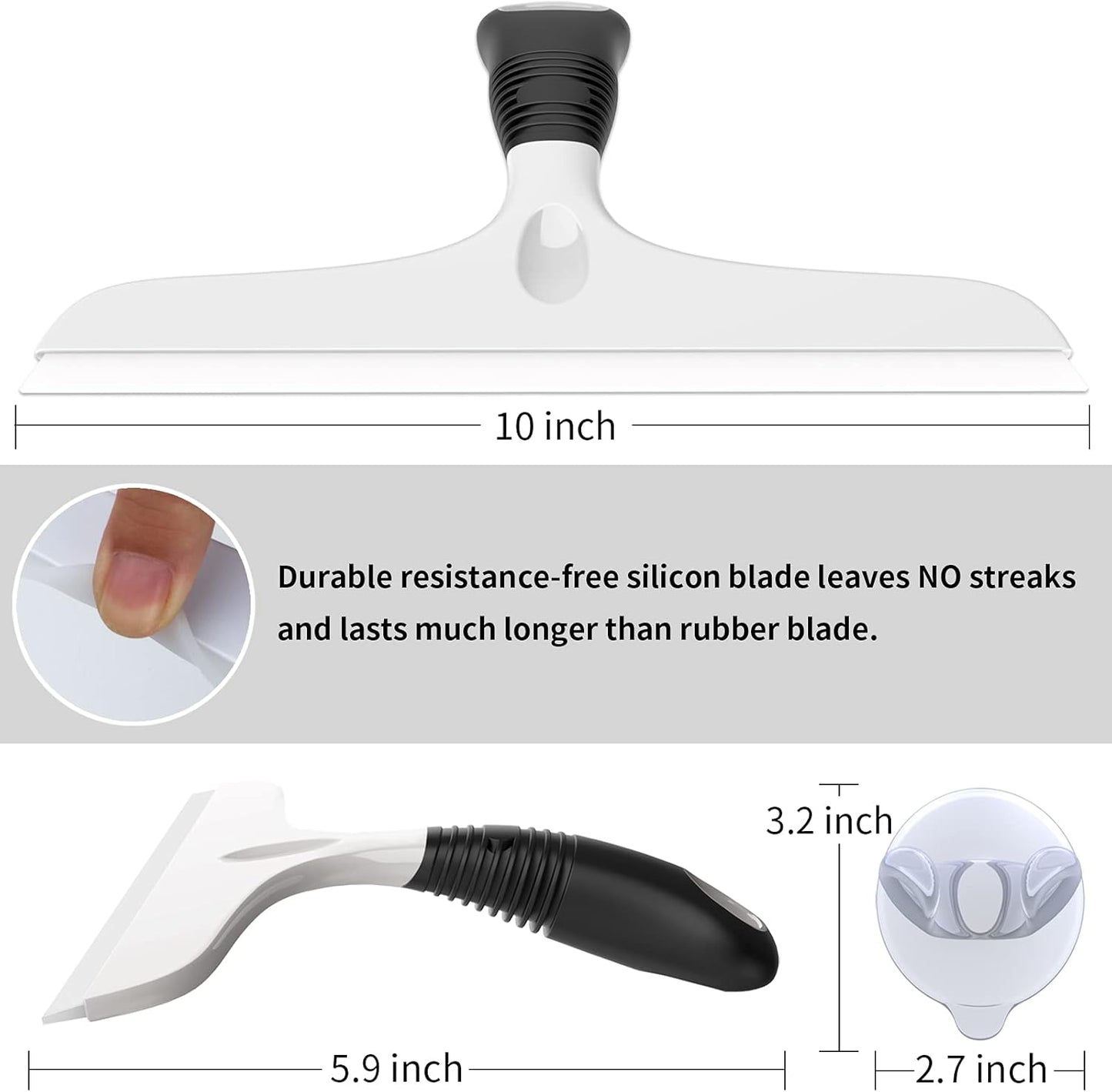 MR.SIGA Multi-Purpose Silicon Squeegee for Window, Glass, Shower Door, Car Windshield, Heavy Duty Window Scrubber, Includes Suction Hook, 10 inch, White & Black, 1 Pack