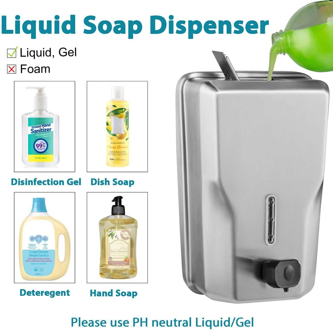 Commercial Stainless Steel Soap Dispenser β 47.3oz Large Capacity Wall Mount, Anti-Leak Pump, SUS304 Brushed Metal for High-Traffic Restrooms