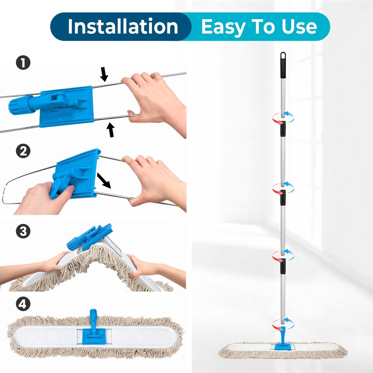 36” Commercial Dust Mop for Floor Cleaning, Industrial Dry Mop with Heavy Duty Long Handle, Large Cotton Reusable mop Head, for Cleaning Office Garage Hardwood Warehouse Factory Mall