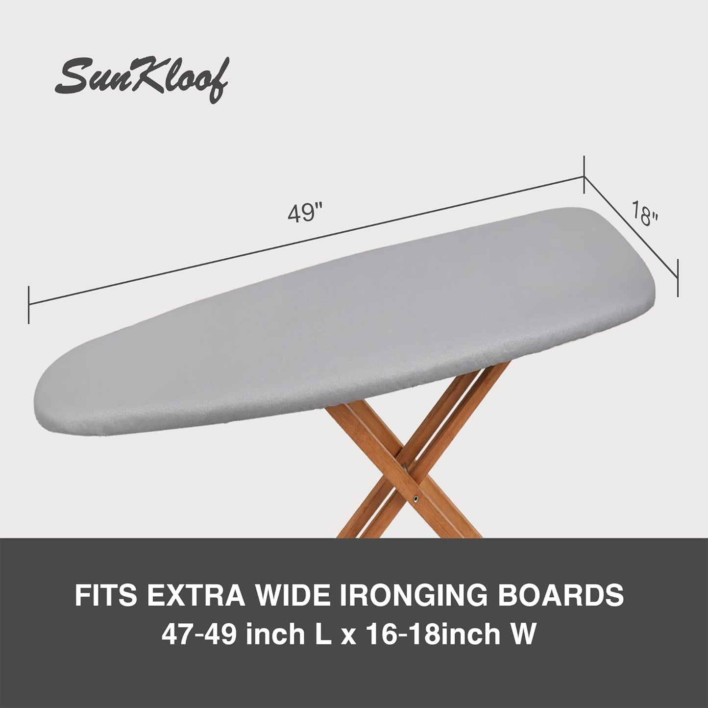 Extra Wide Ironing Board Cover and Pad, Sunkloof 18X49 Ironing Board Cover, Resist Scorching and Staining, Extra Thick Reflective Silicone Ironing Board Cover with Padding, Elastic Edges, 4 Fasteners