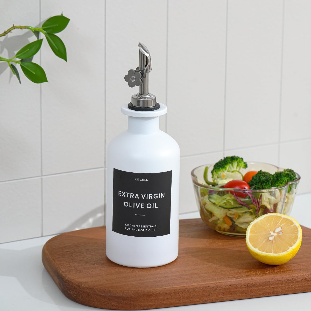 HOMCDALY Olive Oil Dispenser for Kitchen, 11.8oz Glass kitchen Dispenser Bottle, White Oil&Vinegar Cruet Set, Leakproof Oil Bottle for Cooking| Set of 2 (11.8oz – White)