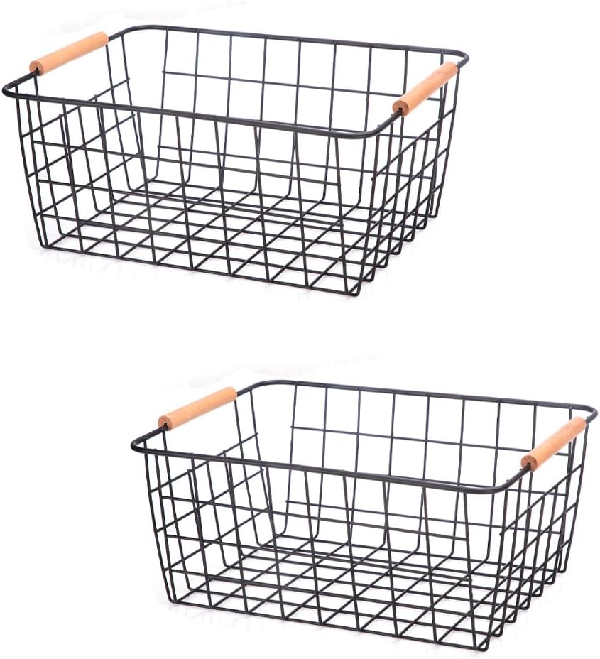 LeleCAT Wire Baskets with Wooden Handles Wire Storage Organizer Bin Baskets, Pantry, Closets, Bedrooms - Set of 2(Black)
