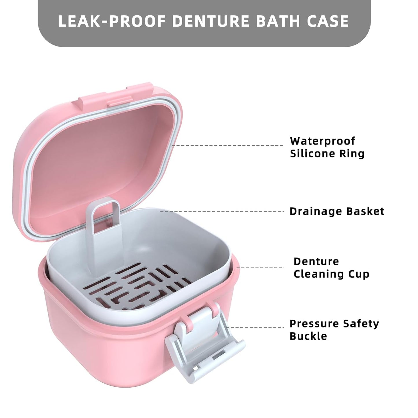 ARGOMAX Leak Proof Denture Bath Cup, Portable Soaking Denture Box, Denture Bath Case with Strainer, for Dentures and Braces (Pink + White).