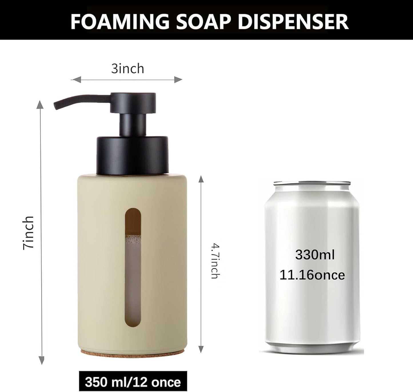 Enra Thick Glass Foaming Soap Dispenser with Clear Window,12oz Bathroom Soap Dispenser with Stainless Steel Pump, Modern Boho Refillable Pump Bottle for Bathroom Kitchen (Beige/Foam Type)