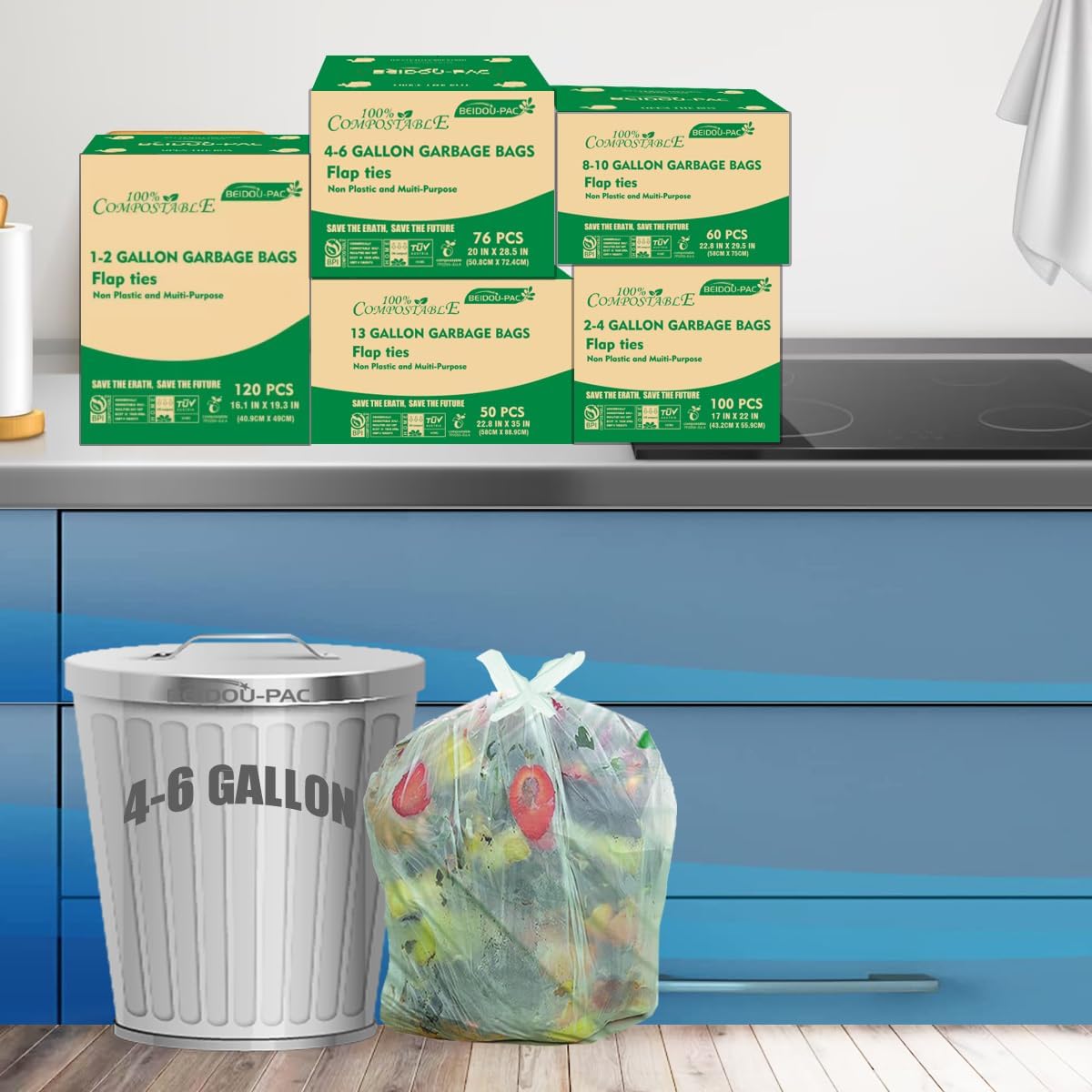 4-6 Gallon Flap Tie Compostable Trash Bags, 76 Count, Kitchen Compost Bags, Sturdy Biodegradable Garbage for Food Scrap Waste, ASTM D6400, US BPI Certified