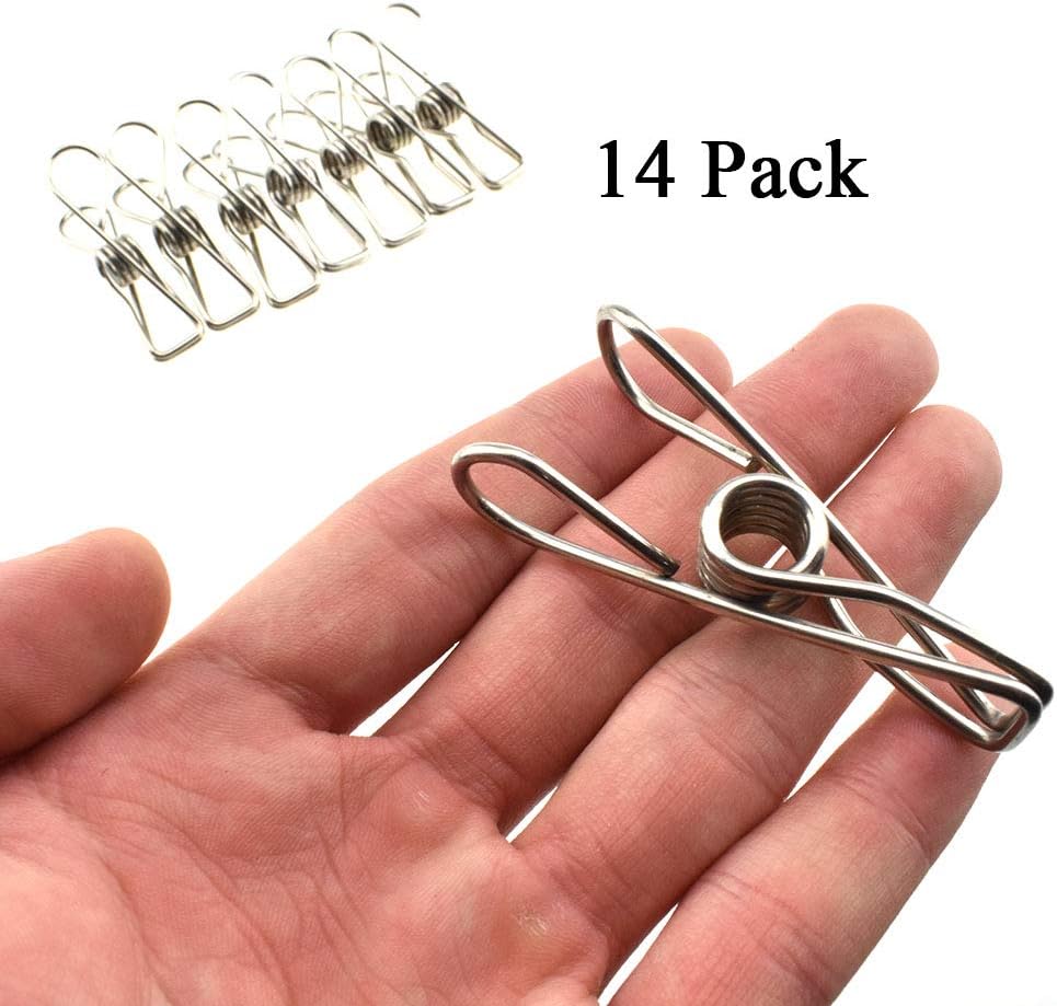 HAHIYO Clothespins Chip Clips All Metal Stainless Steel No Rust Stains Strong Grip in Heavy Wind 2.5 Inches 14 Pack Large Do Not Fall Apart Open Wide for Holding Clothes Snack Bag Clamps