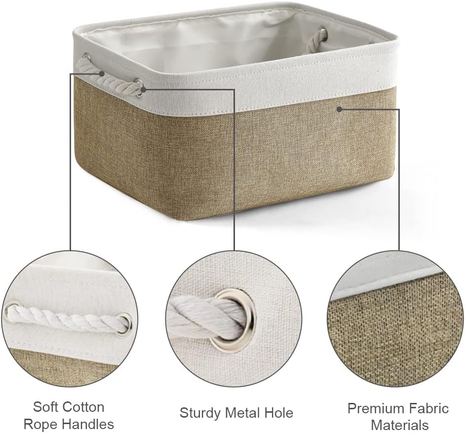 TheWarmHome Storage Basket for Organizing - 14x10x7 inch Medium 3 Pack Collapsible Storage Bin for Shelves with Handles, Canves Storage Box for Organizer Cubes Cloth Gift Toy Closet (White & Khaki)