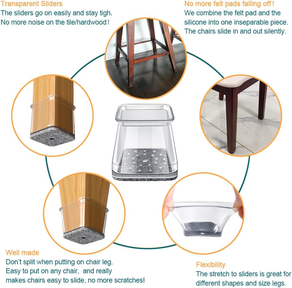 32 Pcs Square Chair Leg Protectors for Hardwood Floors,Felt Furniture Floor Protectors with Silicone Caps, Extra Large Size (Fits Chair Legs with Side Length: 1-5/8" to 2")