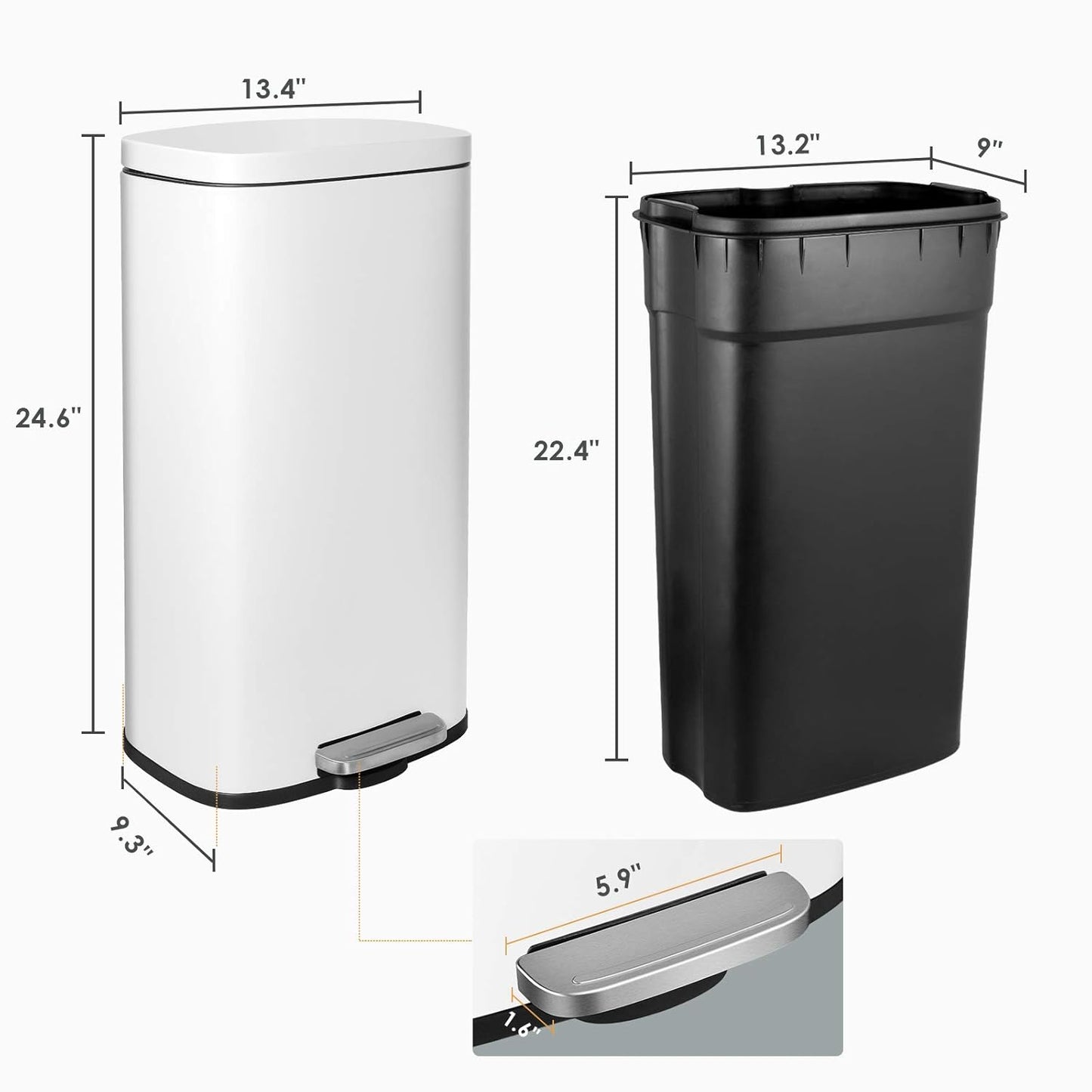 AthLike Trash Can, Stainless Steel Kitchen Garbage Can, Step Waste Bin with Hinged Lid and Removable Inner Bucket, Soft-Close, Dustbin for Bathroom Bedroom Living Room Home (White, 8 Gal)