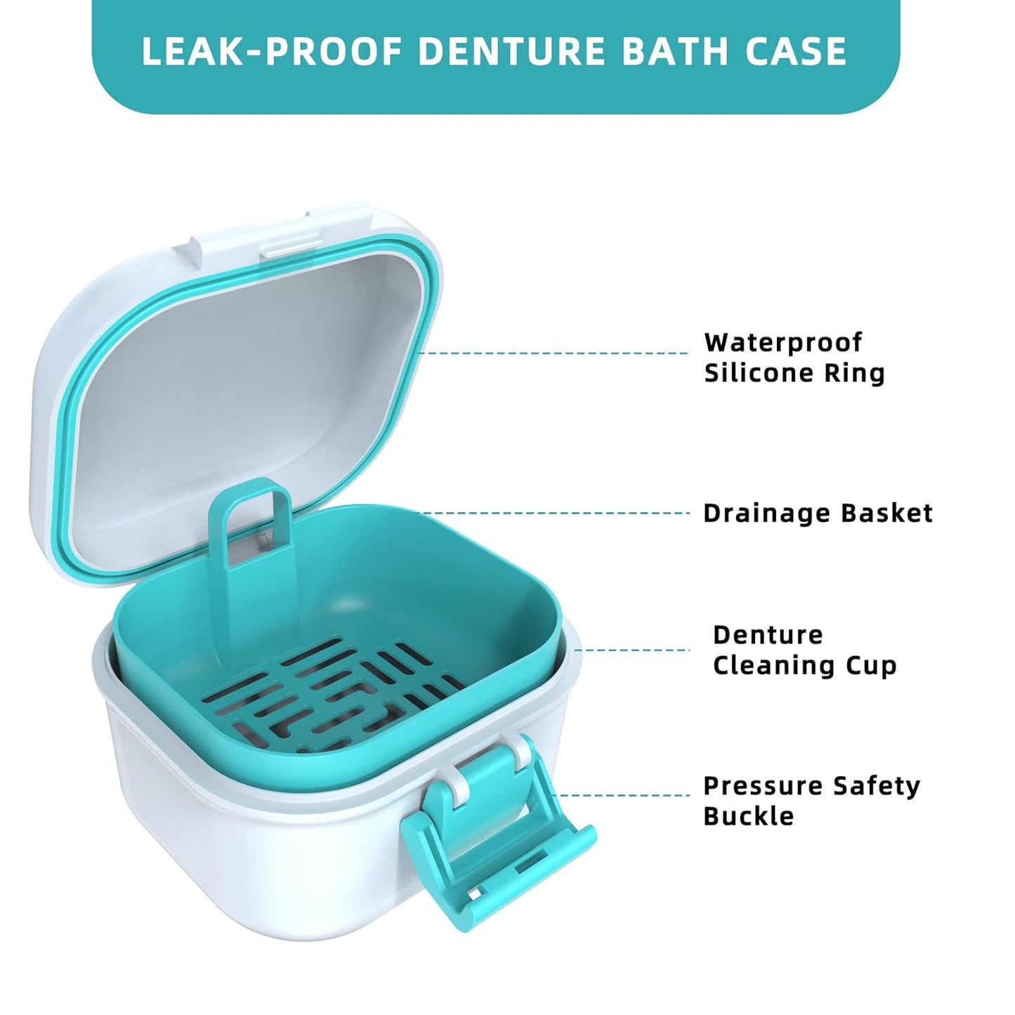 ARGOMAX Leak Proof Denture Bath Cup, Portable Soaking Denture Box, Denture Bath Case with Strainer, for Dentures and Braces (White + Cyan).