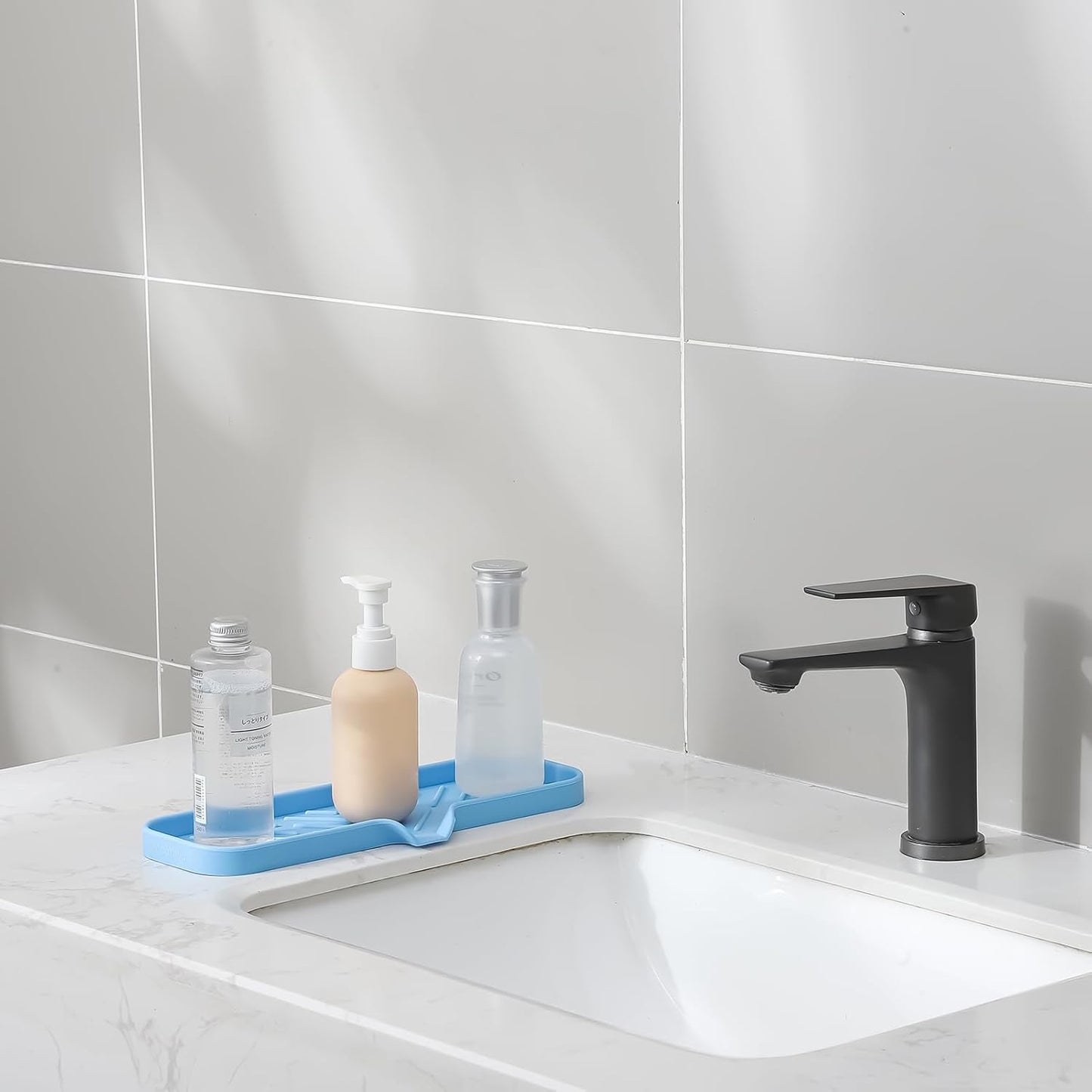 Silicone Bathroom Soap Dishes with Drain Spout-Bathroom and Kitchen Sink Organizer,Sponge Holder,Dish Soap Tray,Perfect for Dispenser,Scrubber,Bottle on Sink or Counter-Light Blue 12"×4"