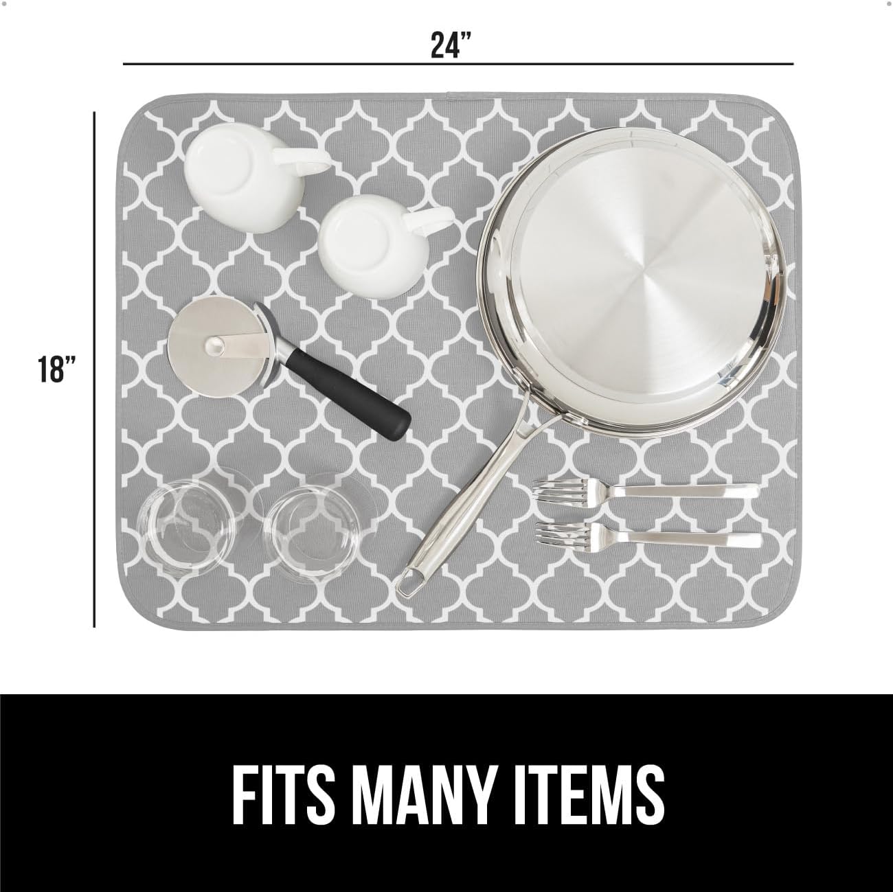 GORILLA GRIP Ultra Water Absorbent Microfiber Dish Drying Mat, 18x24, Quick Dry Thick Mesh, Slip Resistant Pad for Sink Dishes or Under Rack, Kitchen Counter Accessories, Machine Wash Mats, Quatrefoil