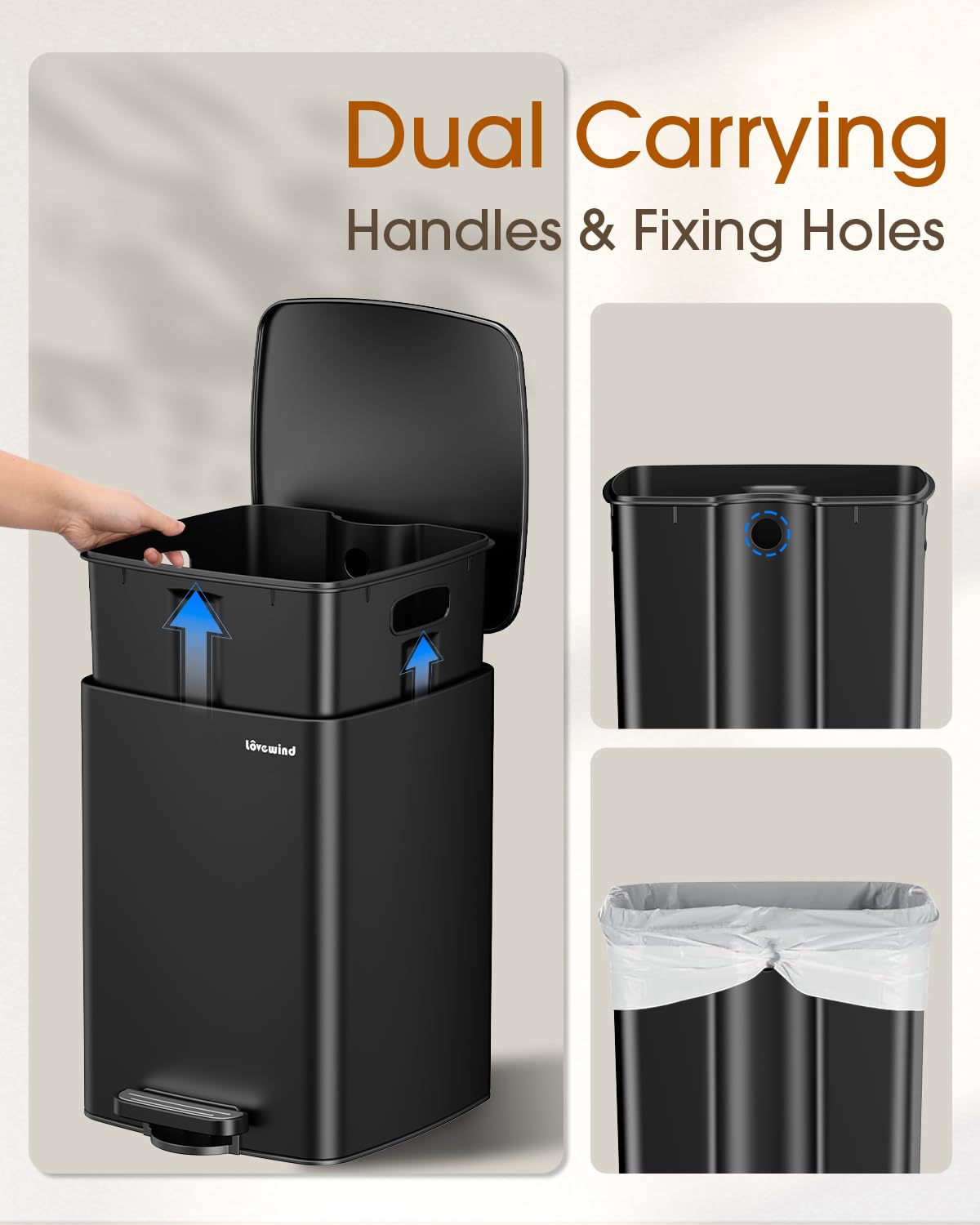 Lovewind Kitchen Trash Can with Lid, 5.2 Gallon/20 L Footstep Garbage Can for Kitchen Bedroom Home Office, 20 Liter Trash Bin Brushed Stainless Steel Waste Bin with Soft-Close Lid,Black