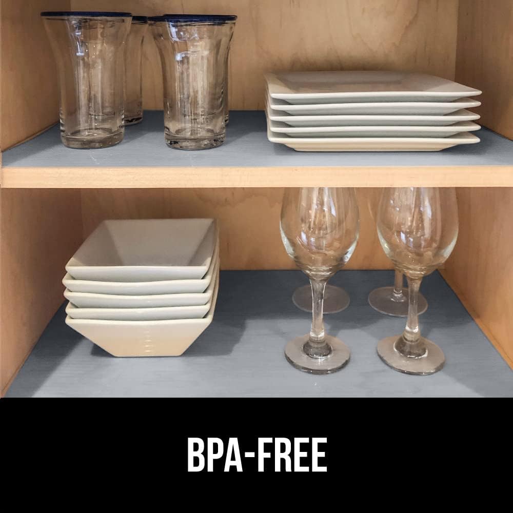 GORILLA GRIP DuraGuard Shelf Liner, Non-Adhesive Cabinet Liners for Kitchen Drawers, Shelves, Refrigerator, Pantry Storage, Bathroom Closet, Durable Waterproof BPA Free Ribbed Plastic, 12x10 Gray