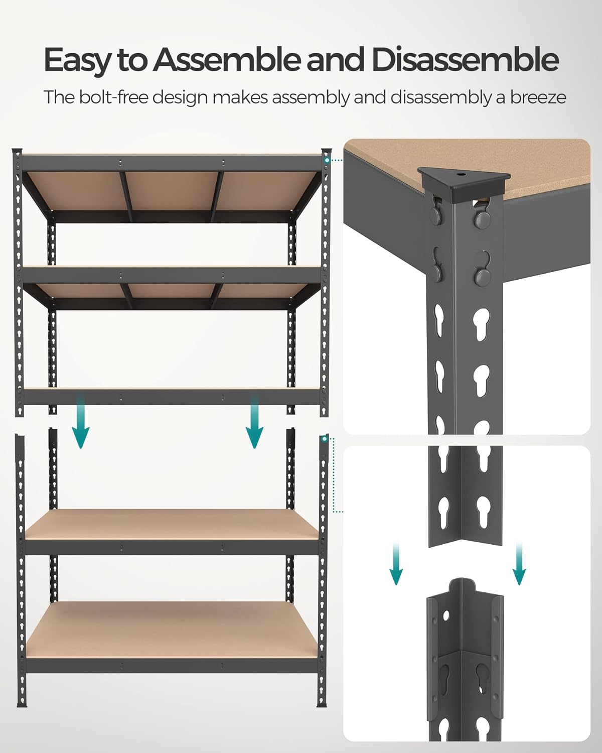SONGMICS 5-Tier Storage Shelves, Load 2310 lb, Set of 2 Garage Storage, Boltless Assembly, Adjustable Shelving Unit, 23.6 x 47.2 x 70.9 Inches, for Study Shed Basement, Gray UGLR600G02