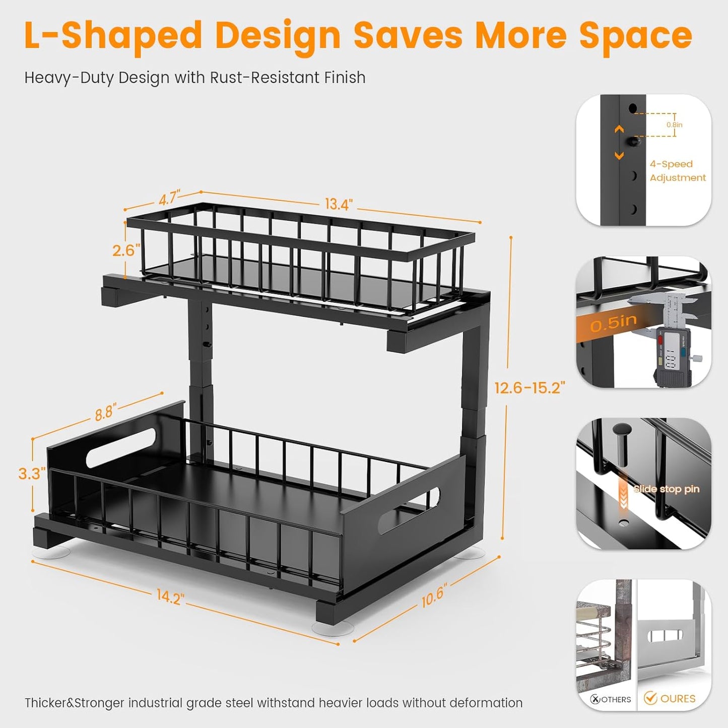 2 Pack Under Sink Organizer, 2-Tier Heavy Duty Metal Pull Out Cabinet Organizer Slide Out Sink Shelf Organizer Height Adustable, Multi-Purpose Storage Shelf for Kitchen Bathroom (Black, 2 Pack)