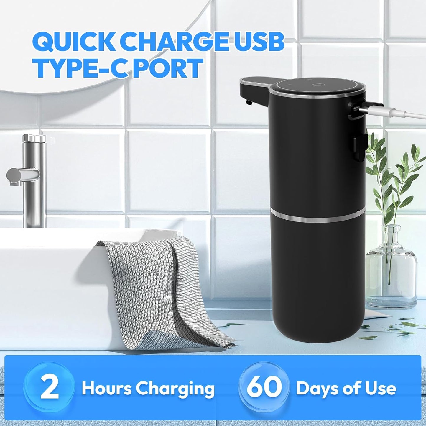 Automatic Soap Dispenser Touchless,Liquid Hand Soap Dispenser 12.8oz USB 4levels Adjustable Dispenser Electric Wall Mounted Smart for Bathroom and Kitchen Dish Soap,Easy for Toddlers(Black)