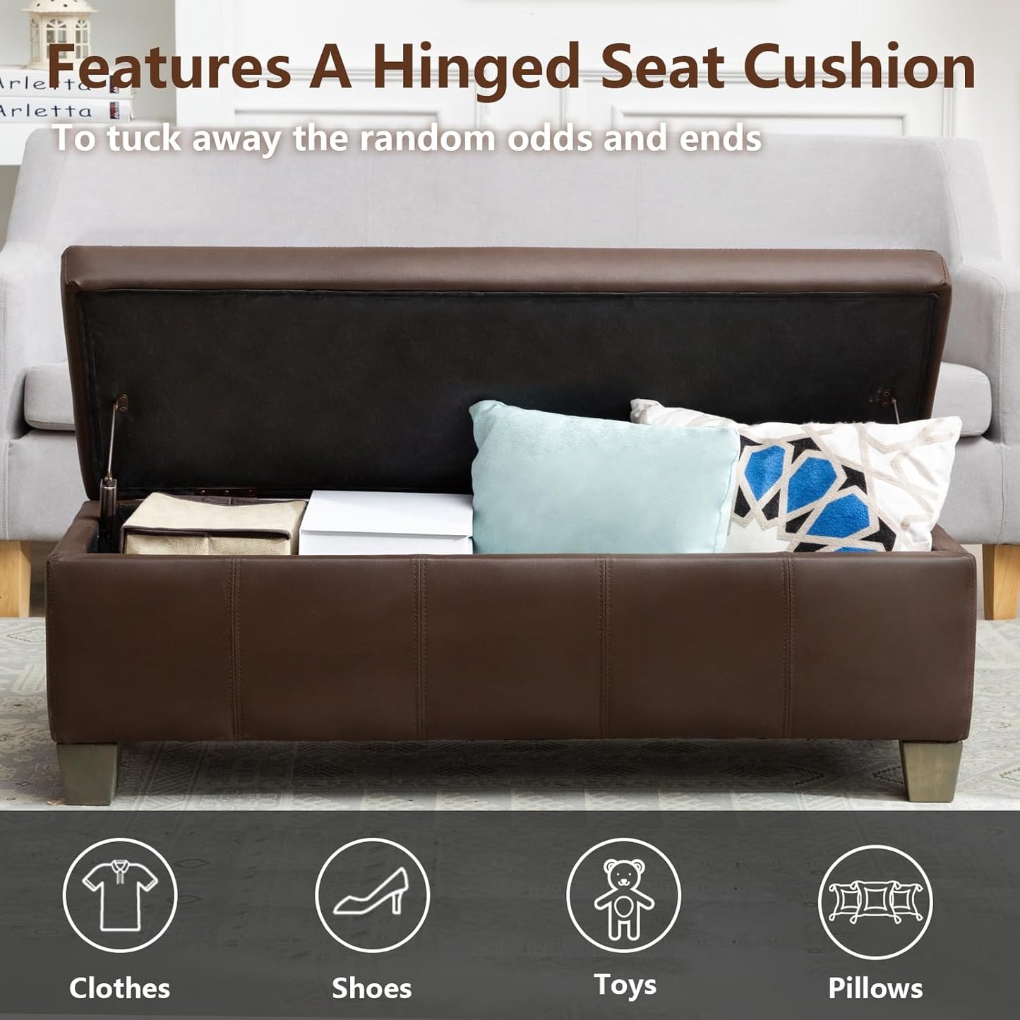 51 Inch Brown Faux Leather Ottoman with Storage, Rectangular Extra Long Bench, End of Bed Bench with Large Storage for Bedroom, Living Room