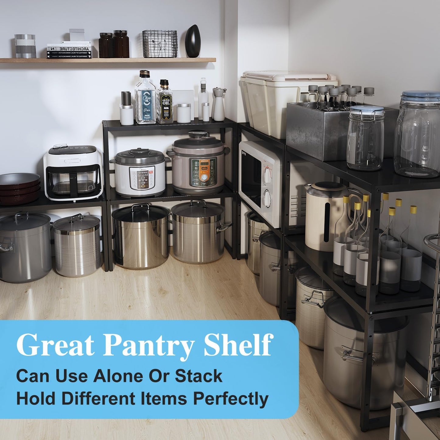 Expandable Metal Storage Shelves, 110LBS Heavy Duty Shelving Units and Storage For Pots Pans Small Appliances, Adjustable Metal Storage Shelf Rack For Kitchen Cabinets Closet Pantry Warehouse Garage