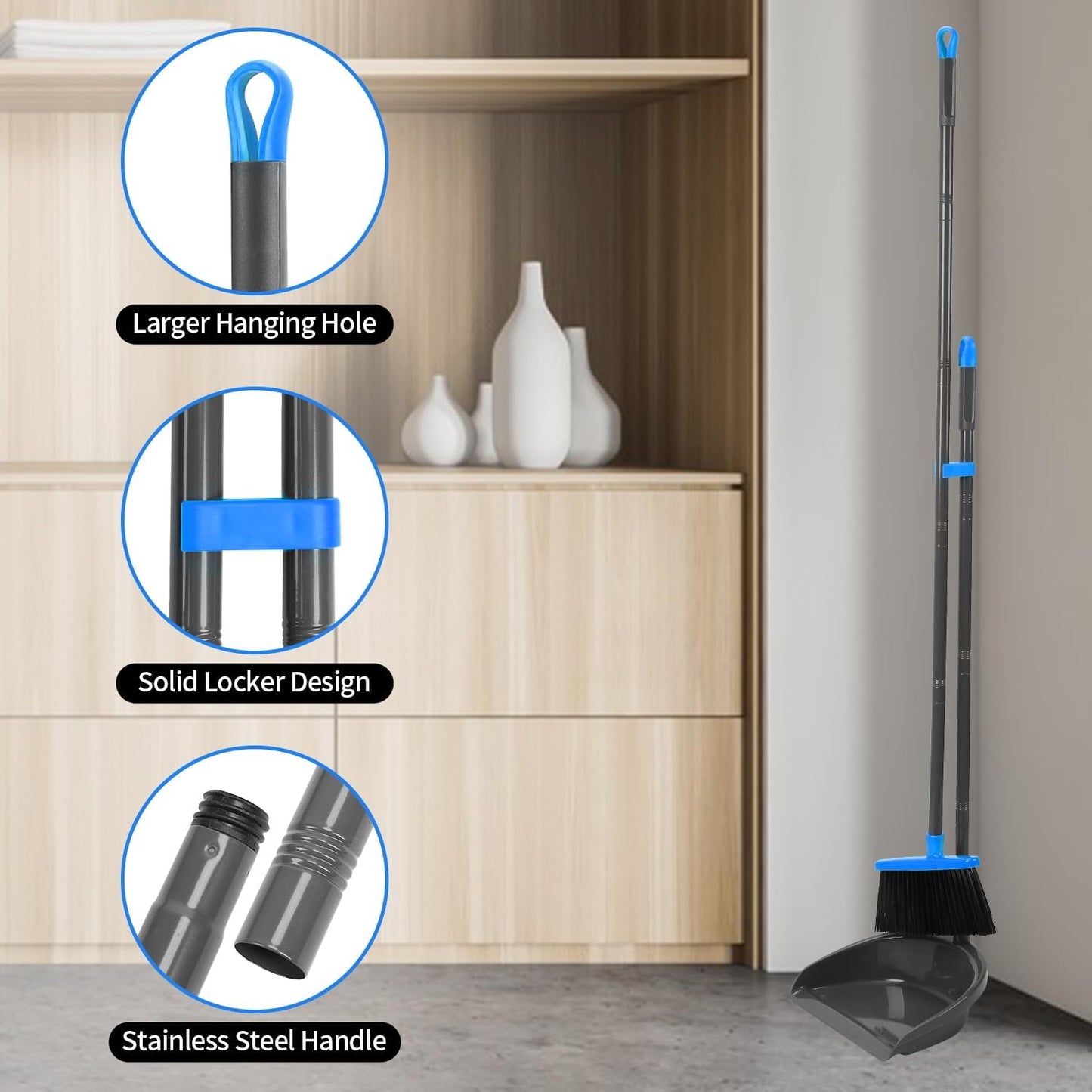 Broom and Dustpan Set ,Long Handle Broom with Upright Standing Dust pan for Indoor Outdoor Home Kitchen Office Floor Cleaning