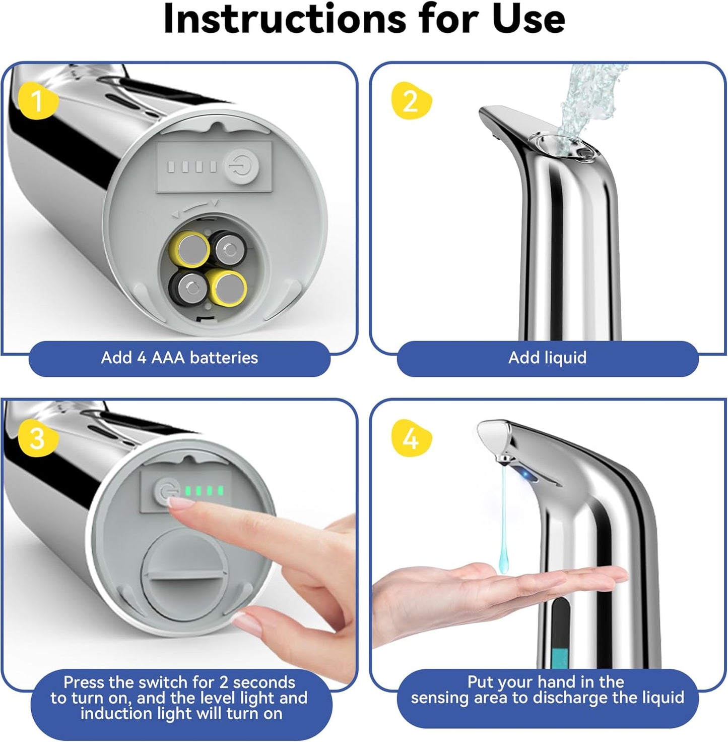 Automatic Soap Dispenser with Infrared Sensor - Adjustable 4-Level Touchless Hand Soap for Kitchen, Bathroom - Battery Operated Electric Dispenser, Durable Plastic, Smart Soap Holder (400ML Silver)