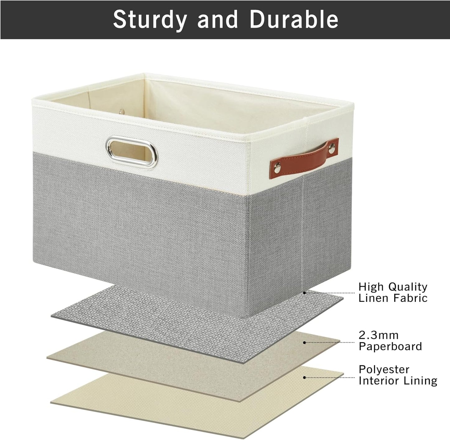 Large Collapsible Fabric Storage Bins with 3 Handles, Foldable Organizer Baskets for Closet, Shelves, Living Room | 3 Pack, Durable PU & Metal Handles (14.9"x9.8"x9.8", Gray & White)