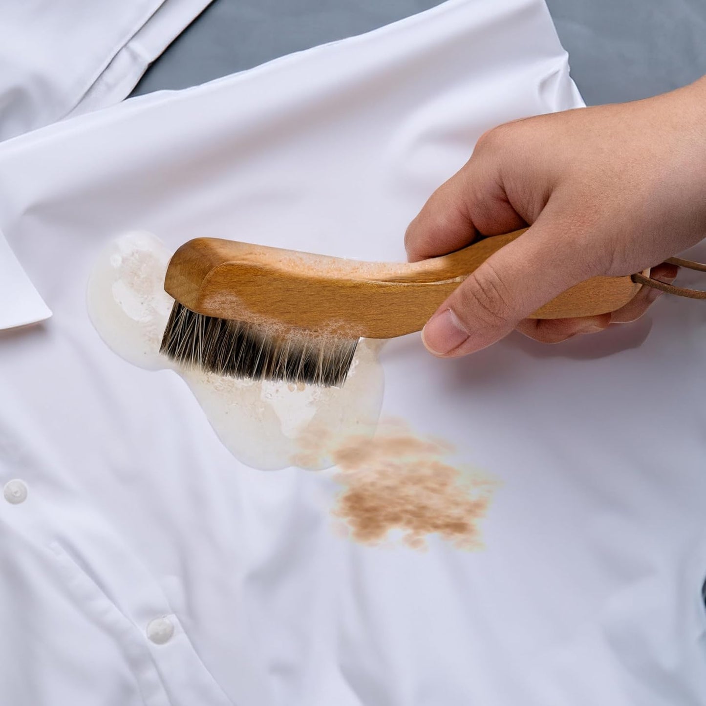 TAKAVU Laundry Stain Brush Set of 2 – Clothes Cleaning Brushes with Horsehair & Wooden Handle – Gentle Fabric Care Brush for Stain Removal, Shoes, Boots & Delicate Garments