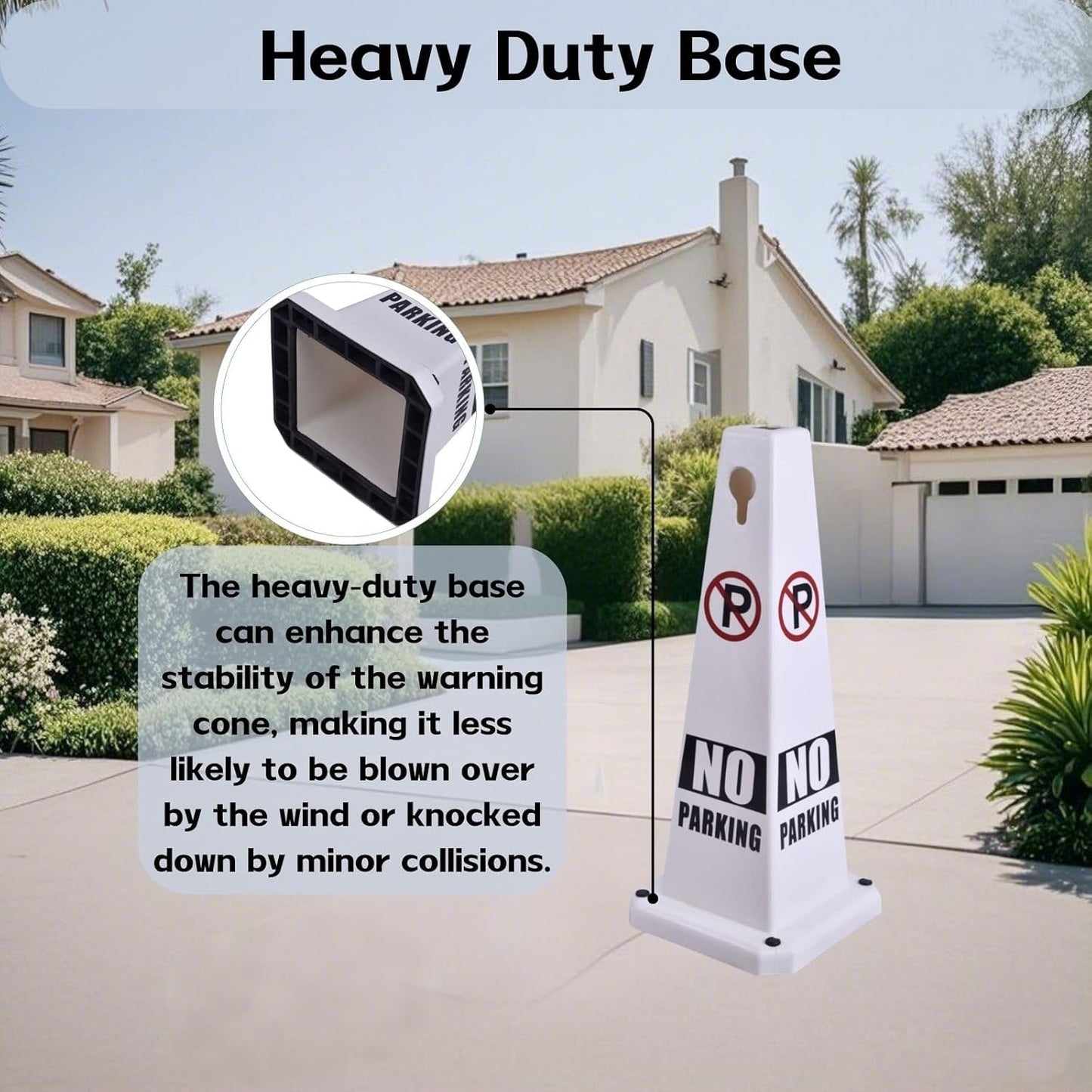 4-Pack 26.5" Caution Cones, 4-Sided Visible Safety Signs with Heavy Rubber Base, Warning for Slip & Fall Prevention, Indoor/Outdoor Use (White, 4Pcs-No Parking)