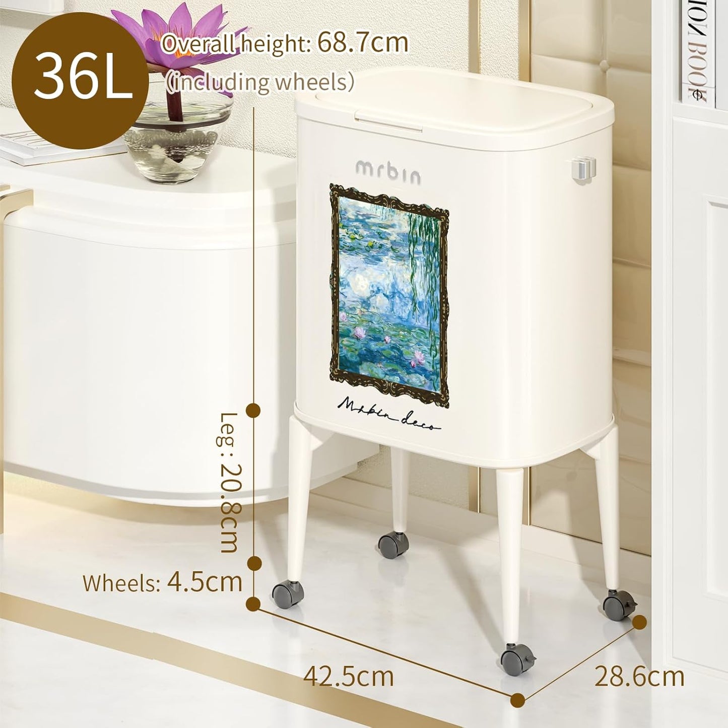 MRBIN Metal Kitchen Trash Can with Wheel Legs, 36L / 9.5gal Medium Press Lid Slim Removable Waste Basket, Pet Proof Tall Narrow Garbage Pail for Vanity, Bedroom, Bathroom, Living Room, Water Lily