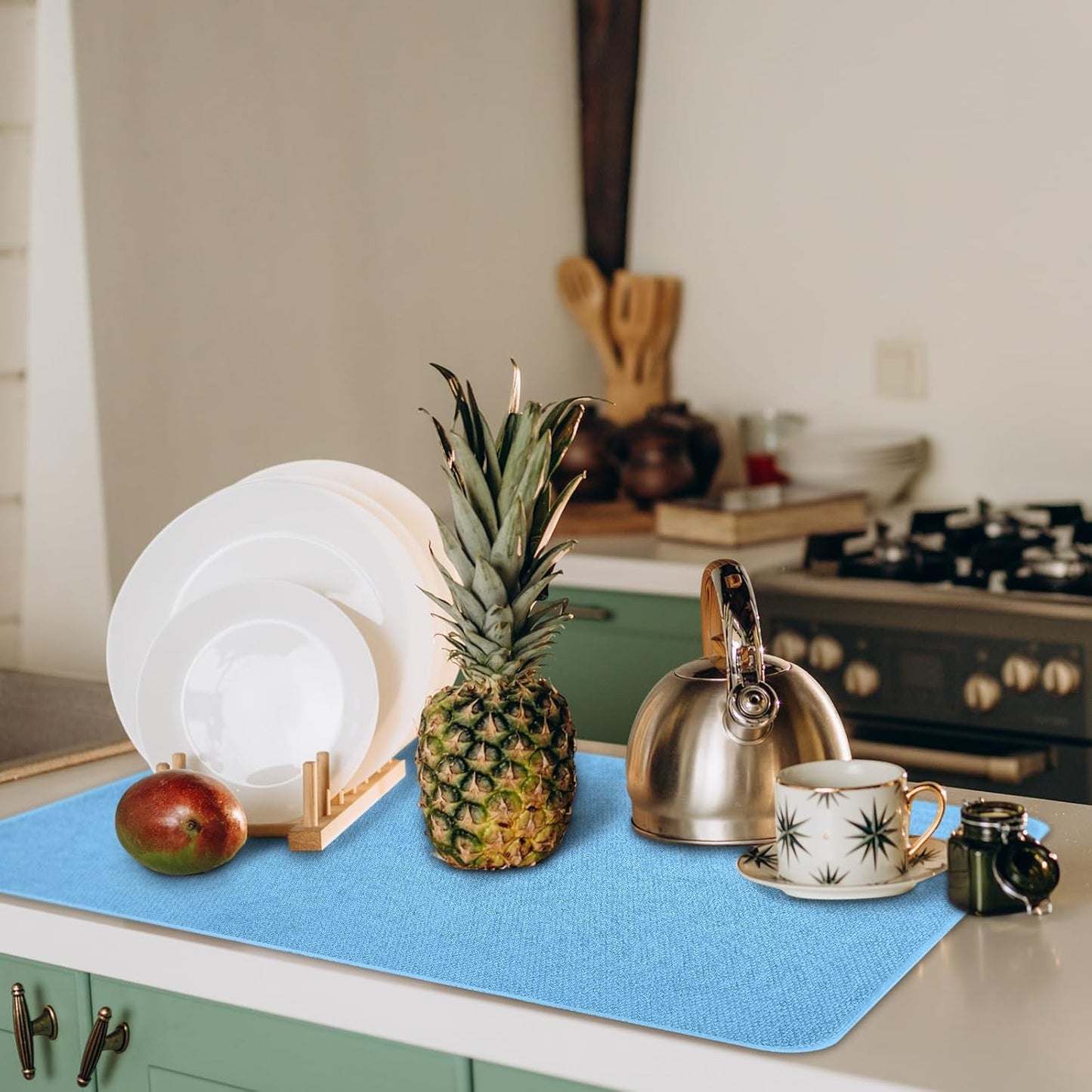 Hushee 2 Pack Extra Large Dish Drying Mat Microfiber Absorbent Dish Drying Pad Large Size Dishes Drainer Mats for Countertop, Sink, Refrigerator or Dryer (30 x 24 Inch,Blue)