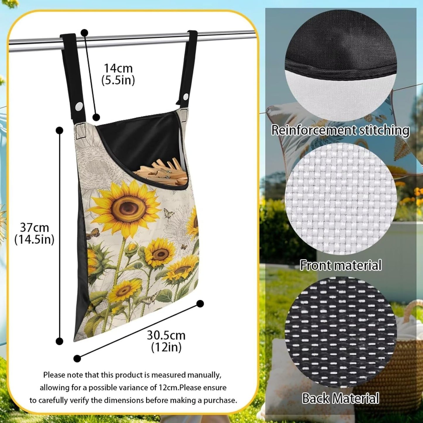 2 Pcs Sunflowers Print Clothespin Bag, Laundry Hanging Bag Fits Clothes Lines, Pin Bag with Hanging Rope for Home Outdoor for Hanging Clothes Outside Balcony Bathroom Corridor Yard