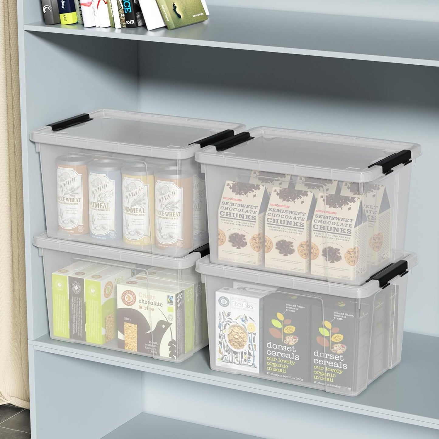 Set of 4 Plastic Latch Storage Bins with Wheels, 23 L Clear Latch Boxes with Stackable Lids