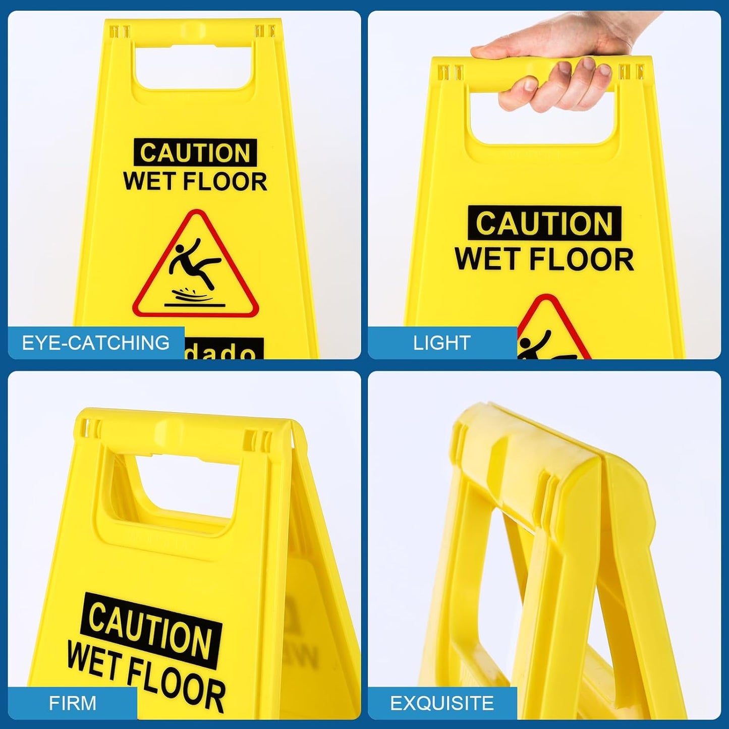 3-Pack Caution Wet Floor Sign,17.5" Height,Bright Yellow Double-Sided Folding A-Shaped Frame Design, Bilingual Caution Message